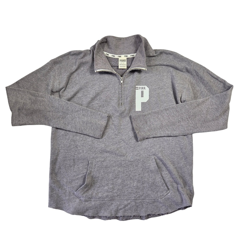 PINK Victoria's Secret Quarter Zip Pullover Gray Logo Raw Hem Sweatshirt Large